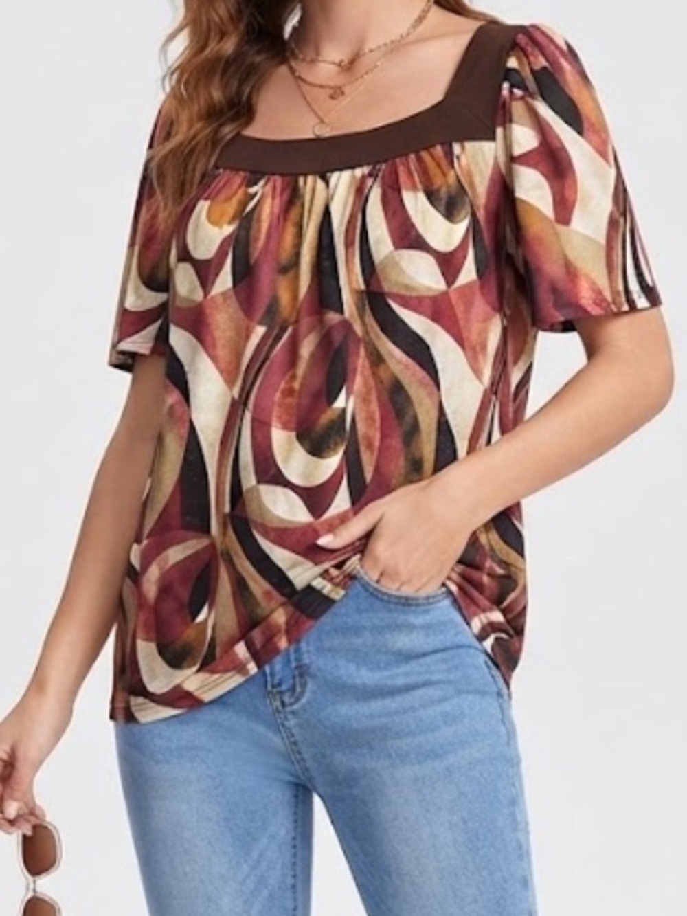 Dressbarn Women’s Y2K Brown Multi Square Neck Short Sleeve Blouse Size Medium